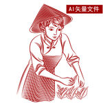 手绘美女采茶