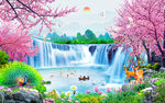 樱花树流水生财风景背景墙