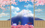 木纹屏风富士山樱花背景墙