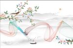 新中式抽象线条鸟语花香背景墙
