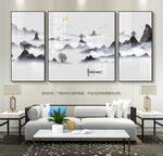禅意山水画客厅装饰画挂画三联画