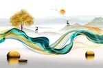 新中式抽象线条水墨山水麋鹿
