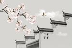 中式徽派建筑屋檐工笔桃花背景墙