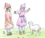 手绘蒙古族儿童与羔羊插画