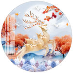 北欧麋鹿枫树林圆形装饰画