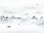 新中式意境水墨山水麋鹿背景