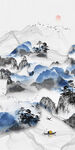 装饰画 新中式 蓝色水墨山水画