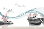 江南烟雨山水飞鸟曲线背景墙