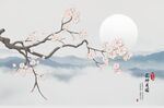 中式手绘花鸟花好月圆背景墙