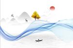 曲线山水麋鹿太阳倒影现代背景墙