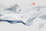 中式抽象曲线麋鹿石纹背景墙