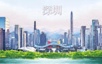 深圳油画风城市水墨山水地标背景