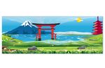 日本富士山河流草地樱花太阳