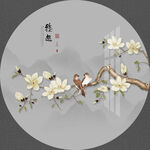 新中式手绘工笔花鸟圆形装饰画