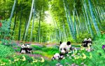 大熊猫竹林风景画背景墙