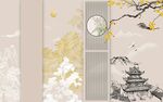 新中式线描古建筑宫殿背景墙  