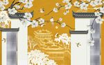 新中式线描古建筑背景墙