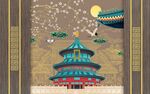 新中式线描古建筑背景墙  