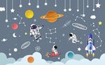 卡通太空人儿童房背景墙图片