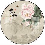 中式牡丹水墨山水圆形装饰画