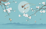 新中式手绘玉兰山水花鸟背景墙