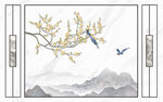 花鸟水墨大理石中式背景墙壁画