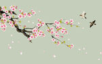 新中式手绘桃花工笔花鸟背景墙