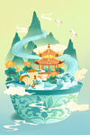 绿色立夏山水荷花插画设计