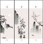 中式山水花鸟三联挂画