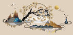 银杏山水画背景墙