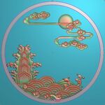 圆形山水浪花日出挂件精雕图灰度