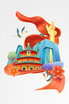 中国风地标建筑组合天坛鸟巢仙鹤