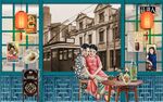 民国风老上海风情背景墙壁画 