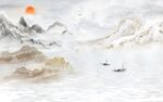 日出装饰画 新中式山水画 小船