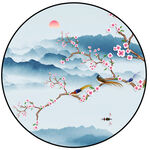 圆形山水花鸟图