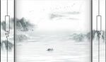 新中式山水画背景墙 小船