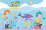 卡通美人鱼海豚热带鱼海洋背景墙