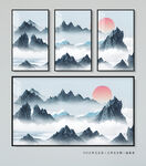 水墨山水画三联画挂画