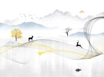 新中式手绘烟雾线条山水画图片