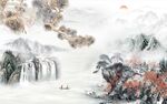 水墨山水画背景墙 船