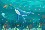 卡通鲸鱼水下海底世界珊瑚背景墙