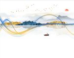 新中式山水画装饰画 弧线 船