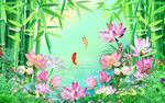 清新气息流水竹子荷花绿色背景墙