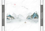 山水画大理石背景墙 日出 船