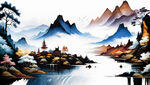水墨山涧意境山水画
