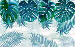 热带植物水彩线描叶子电视墙壁画