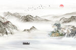 新中式聚宝盆山水国画意境背景墙