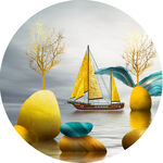 湖畔帆船水墨圆形挂画装饰画