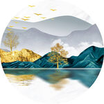 新中式湖畔美景圆形挂画装饰画