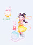 3D站在云上的小仙女和兔子
